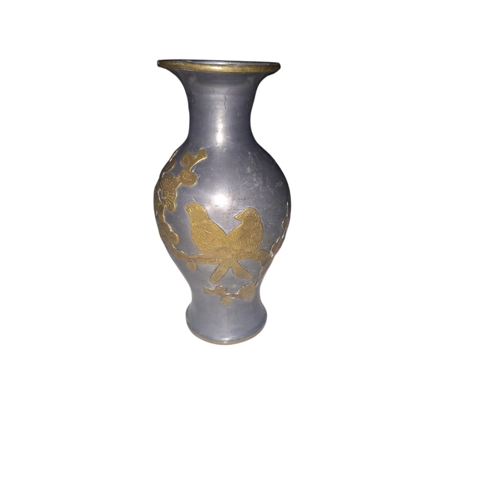 Vintage Pewter Vase Bird & Floral Brass‎ Overlay Home Decor Bud Vase Minimalist